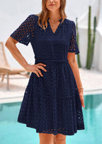 PRETTYGARDEN Women's Short Sleeve Mini Dress Summer V Neck Hollow Out Eyelet Ruffle A Line Swing Short Dresses