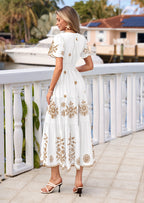 PRETTYGARDEN Boho Dresses for Women Summer Spring Casual Floral Short Sleeve V Neck Maxi Elastic Waist Dress Pockets