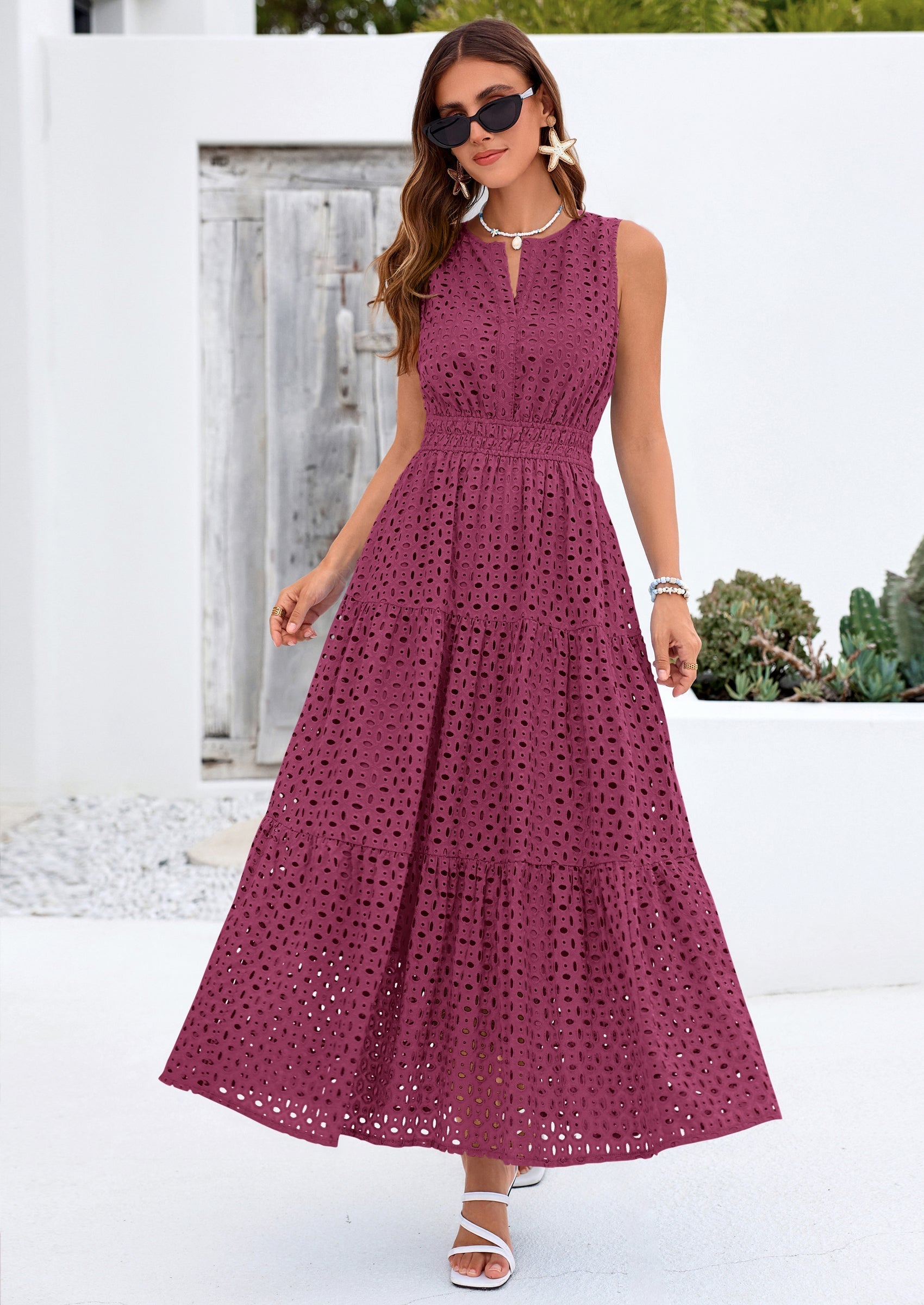 PRETTYGARDEN Summer Dresses for Women Sundresses Sleeveless V Neck Eyelet A Line Flowy Beach Vacation Spring Maxi Dress