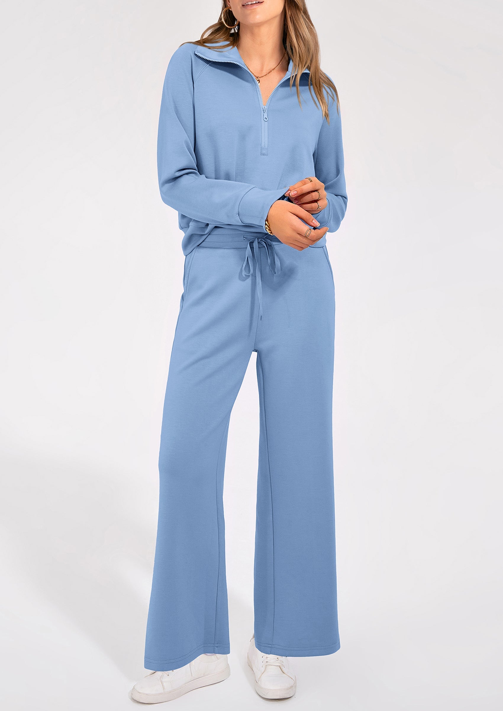 PRETTYGARDEN Women's 2 Piece Outfits Casual Lapel Half Zip Sweatshirts And Wide Leg Pants Tracksuit Sets