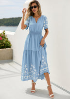 PRETTYGARDEN Women's Summer Boho Maxi Dress Spring Floral Short Sleeve V Neck A Line Flowy Beach Wedding Guest Dresses
