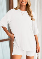 PRETTYGARDEN Women's Two Piece Lounge Set Summer Casual Oversized Shirts Biker Shorts Matching Airport Travel Outfit