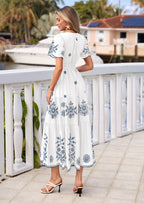 PRETTYGARDEN Boho Dresses for Women Summer Spring Casual Floral Short Sleeve V Neck Maxi Elastic Waist Dress Pockets