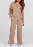 PRETTYGARDEN Women's 2 Piece Outfits Casual Lapel Half Zip Sweatshirts And Wide Leg Pants Tracksuit Sets