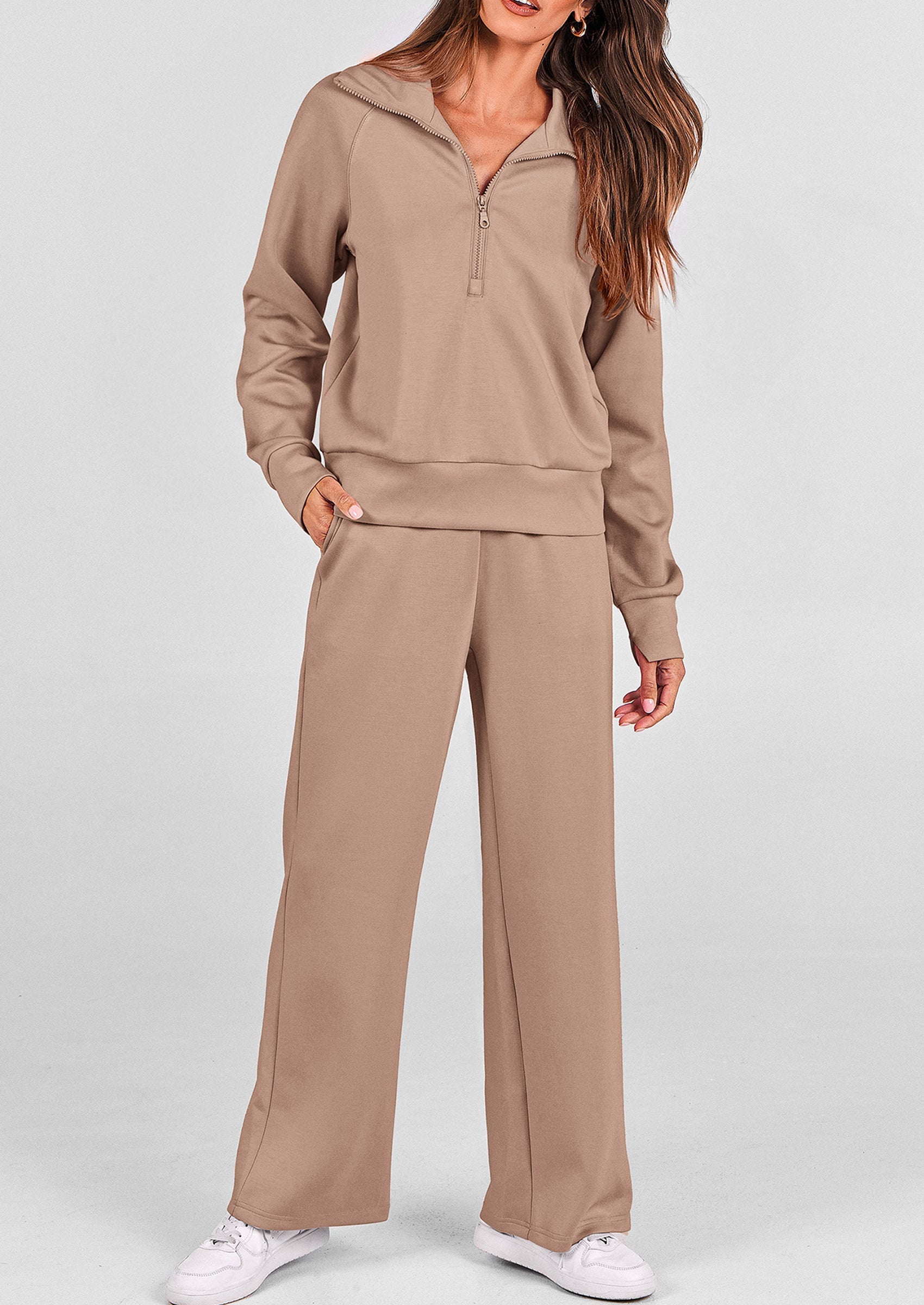 PRETTYGARDEN Women's 2 Piece Outfits Casual Lapel Half Zip Sweatshirts And Wide Leg Pants Tracksuit Sets
