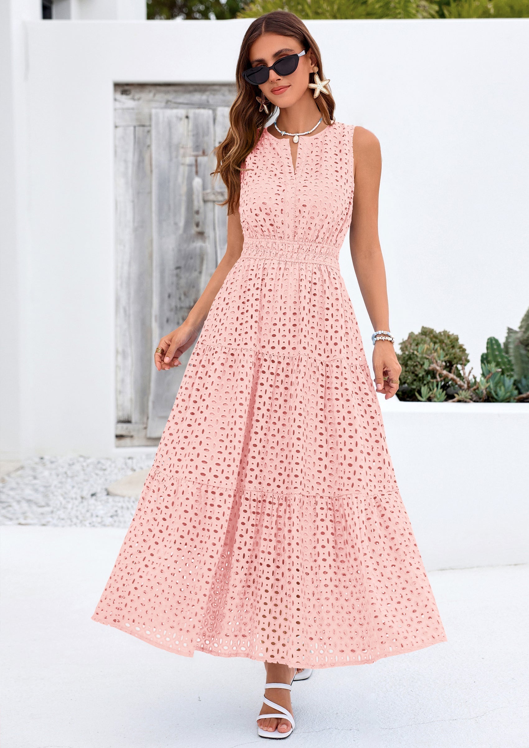 PRETTYGARDEN Summer Dresses for Women Sundresses Sleeveless V Neck Eyelet A Line Flowy Beach Vacation Spring Maxi Dress