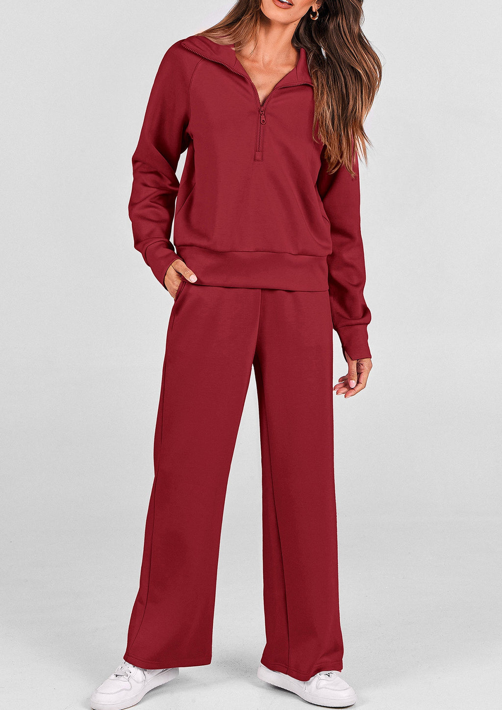 PRETTYGARDEN Women's 2 Piece Outfits Casual Lapel Half Zip Sweatshirts And Wide Leg Pants Tracksuit Sets