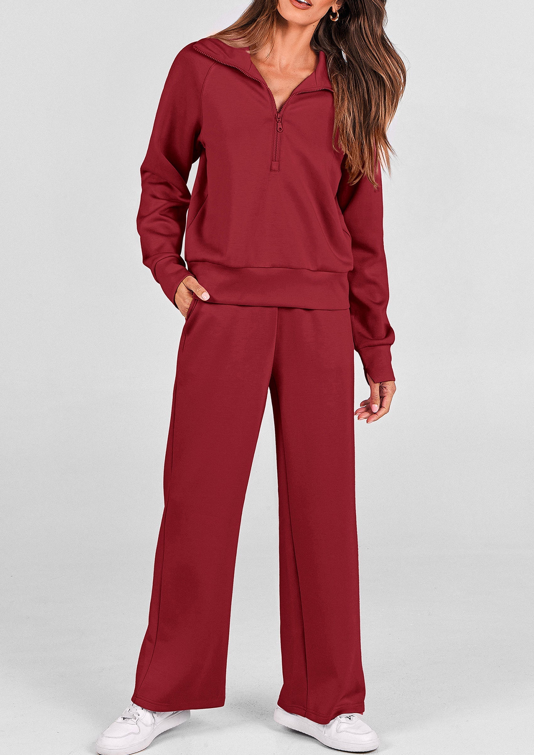 PRETTYGARDEN Women's 2 Piece Outfits Casual Lapel Half Zip Sweatshirts And Wide Leg Pants Tracksuit Sets