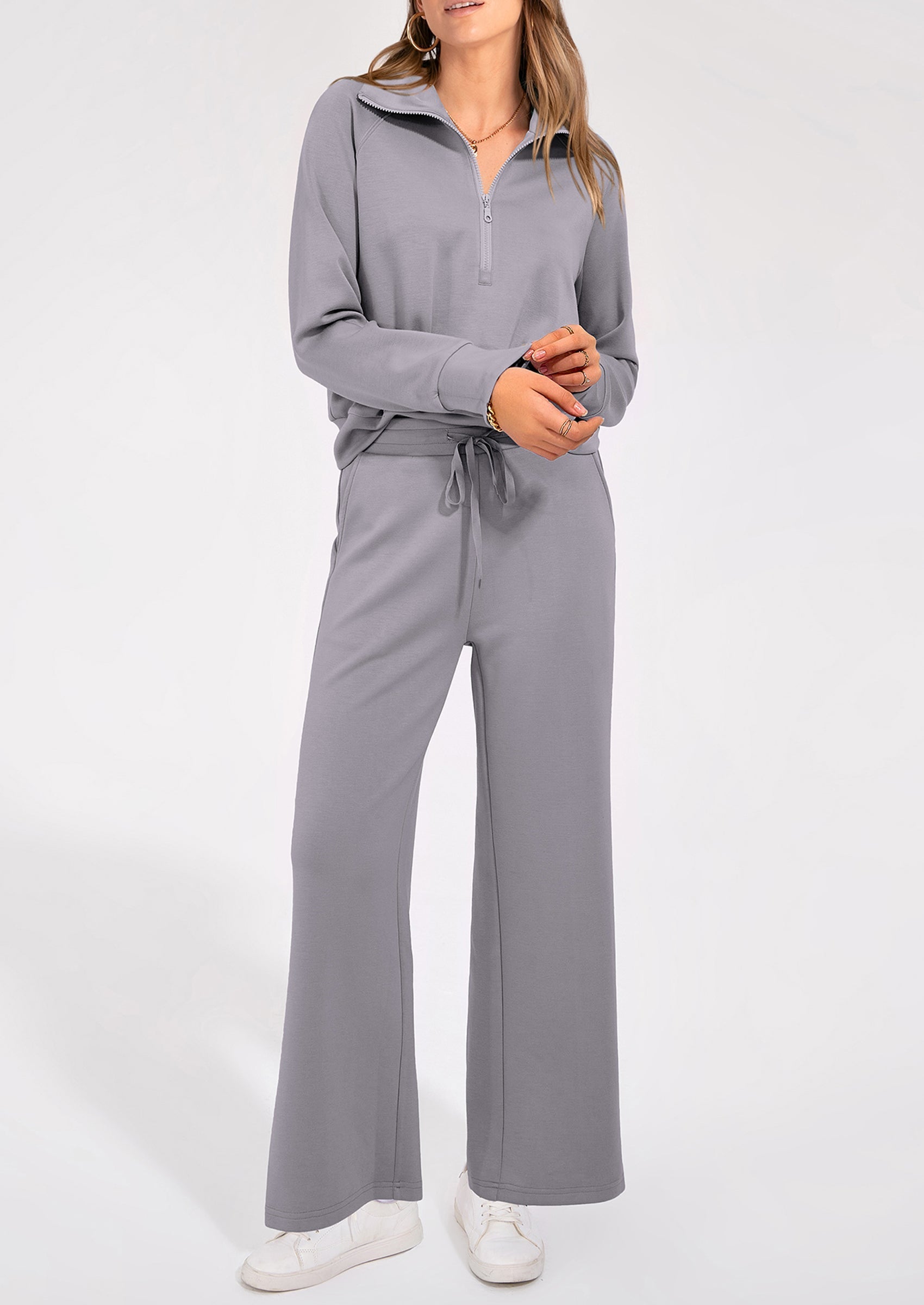 PRETTYGARDEN Women's 2 Piece Outfits Casual Lapel Half Zip Sweatshirts And Wide Leg Pants Tracksuit Sets