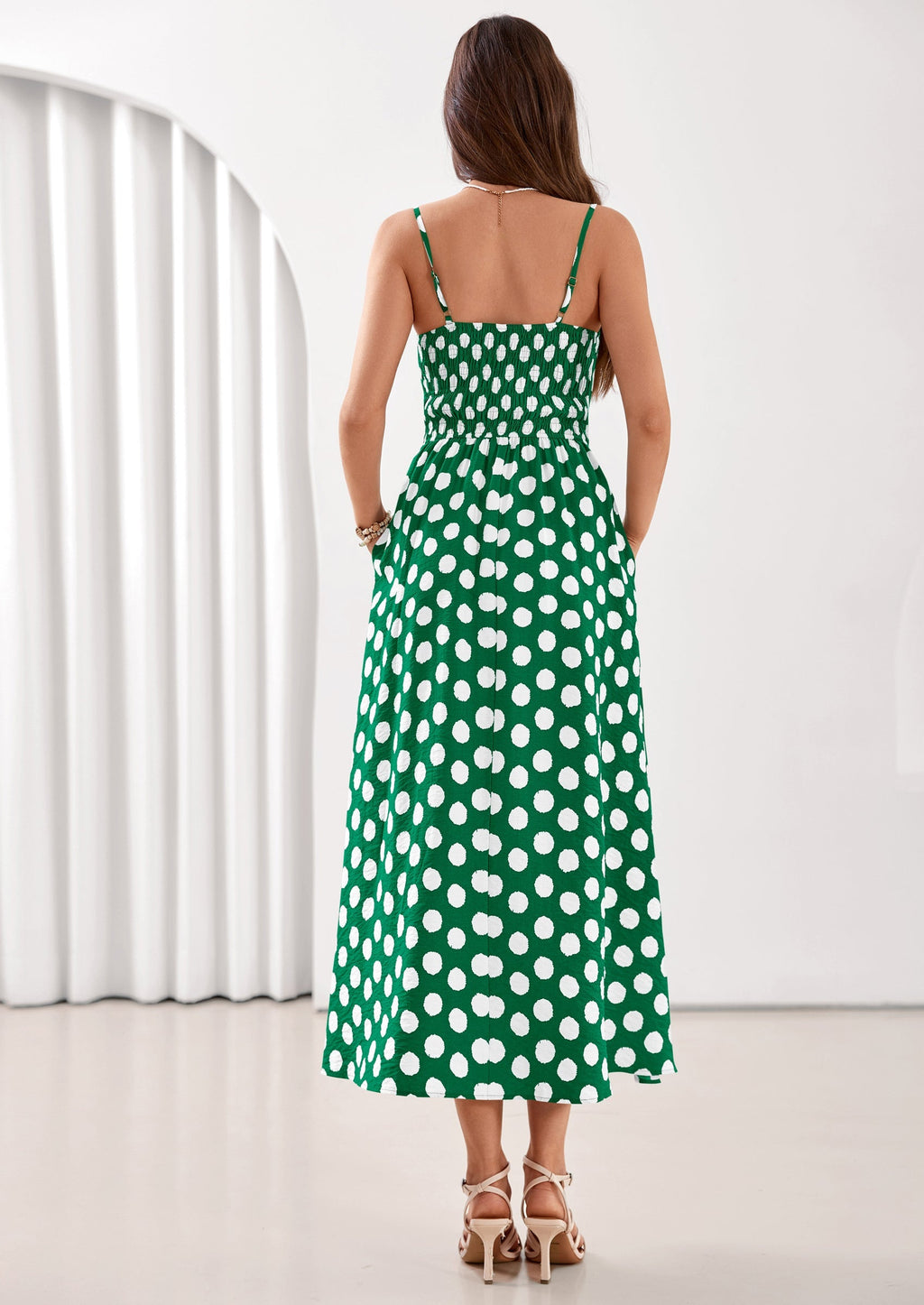 PRETTYGARDEN Womens Summer Dresses Spring Sleeveless Spaghetti Straps Casual Midi Dress Polka Dot Smocked Beach Sundress