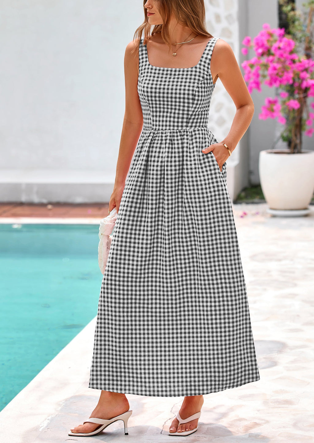 PRETTYGARDEN Women's Summer Spaghetti Strap Maxi Dresses Plaid Square Neck A Line Casual Beach Vacation Long Sundress