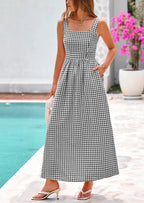 PRETTYGARDEN Women's Summer Spaghetti Strap Maxi Dresses Plaid Square Neck A Line Casual Beach Vacation Long Sundress