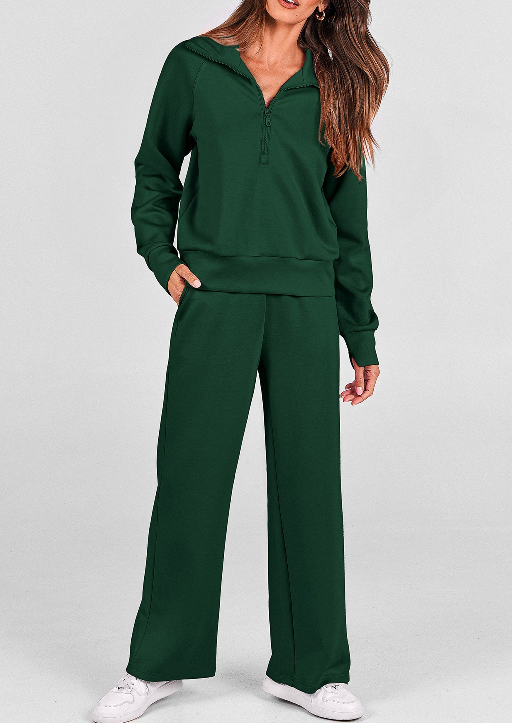 PRETTYGARDEN Women's 2 Piece Outfits Casual Lapel Half Zip Sweatshirts And Wide Leg Pants Tracksuit Sets