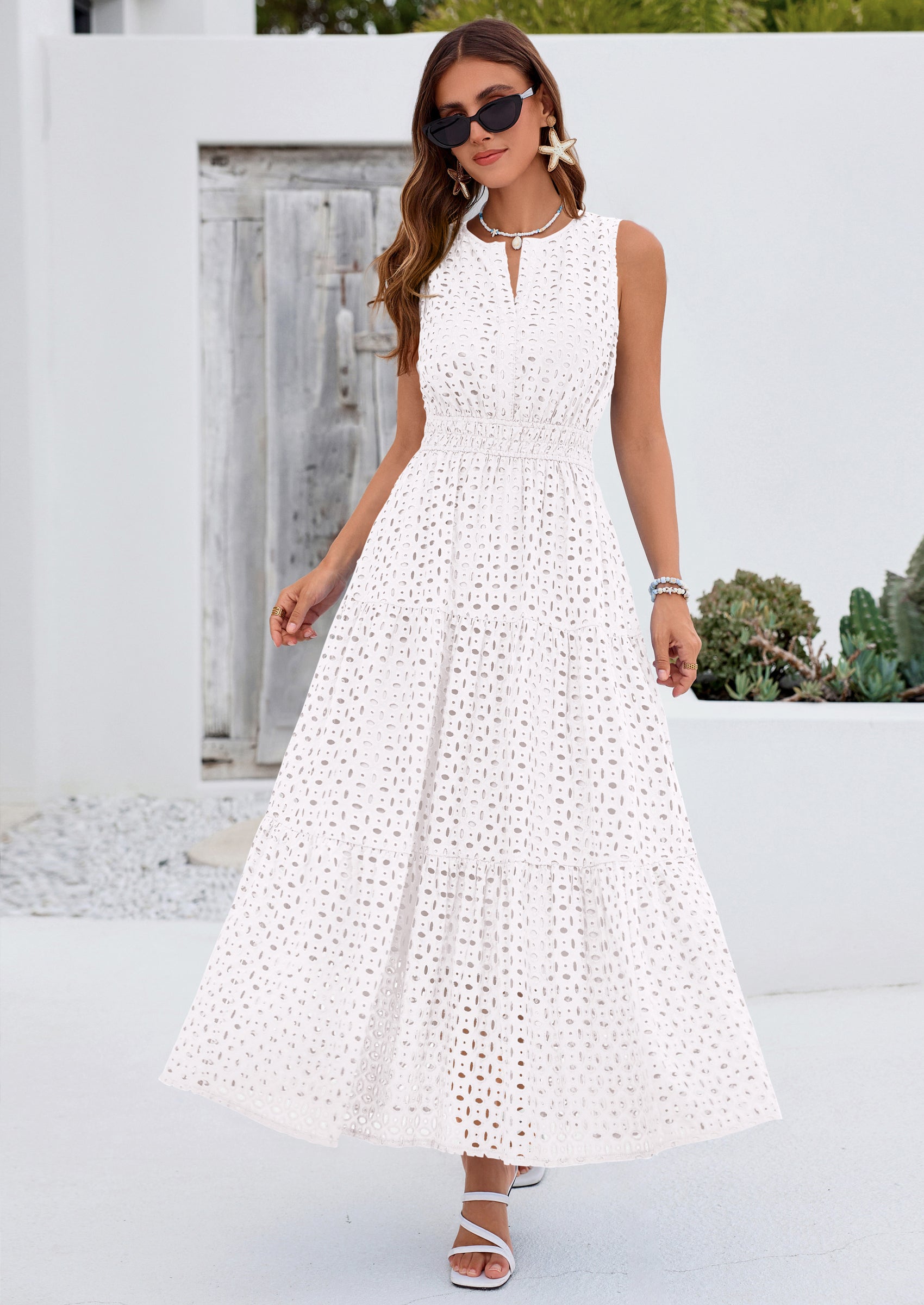 PRETTYGARDEN Summer Dresses for Women Sundresses Sleeveless V Neck Eyelet A Line Flowy Beach Vacation Spring Maxi Dress