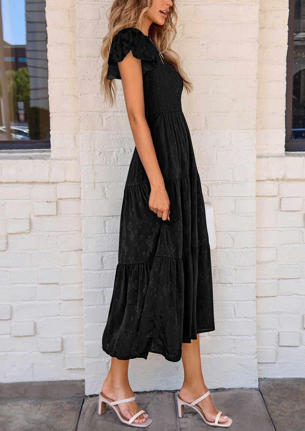 PRETTYGARDEN Midi Dress for Women Summer Floral Cap Sleeve Smocked Ruffle A Line Long Flowy Wedding Guest Dresses