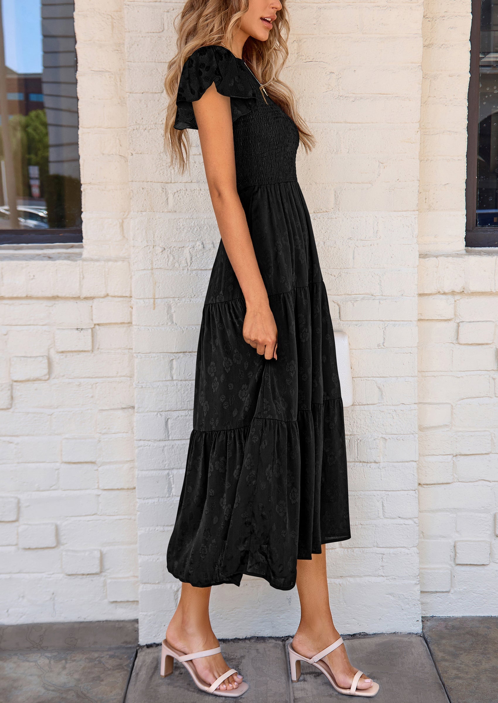 PRETTYGARDEN Midi Dress for Women Summer Floral Cap Sleeve Smocked Ruffle A Line Long Flowy Wedding Guest Dresses