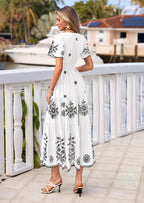 PRETTYGARDEN Boho Dresses for Women Summer Spring Casual Floral Short Sleeve V Neck Maxi Elastic Waist Dress Pockets