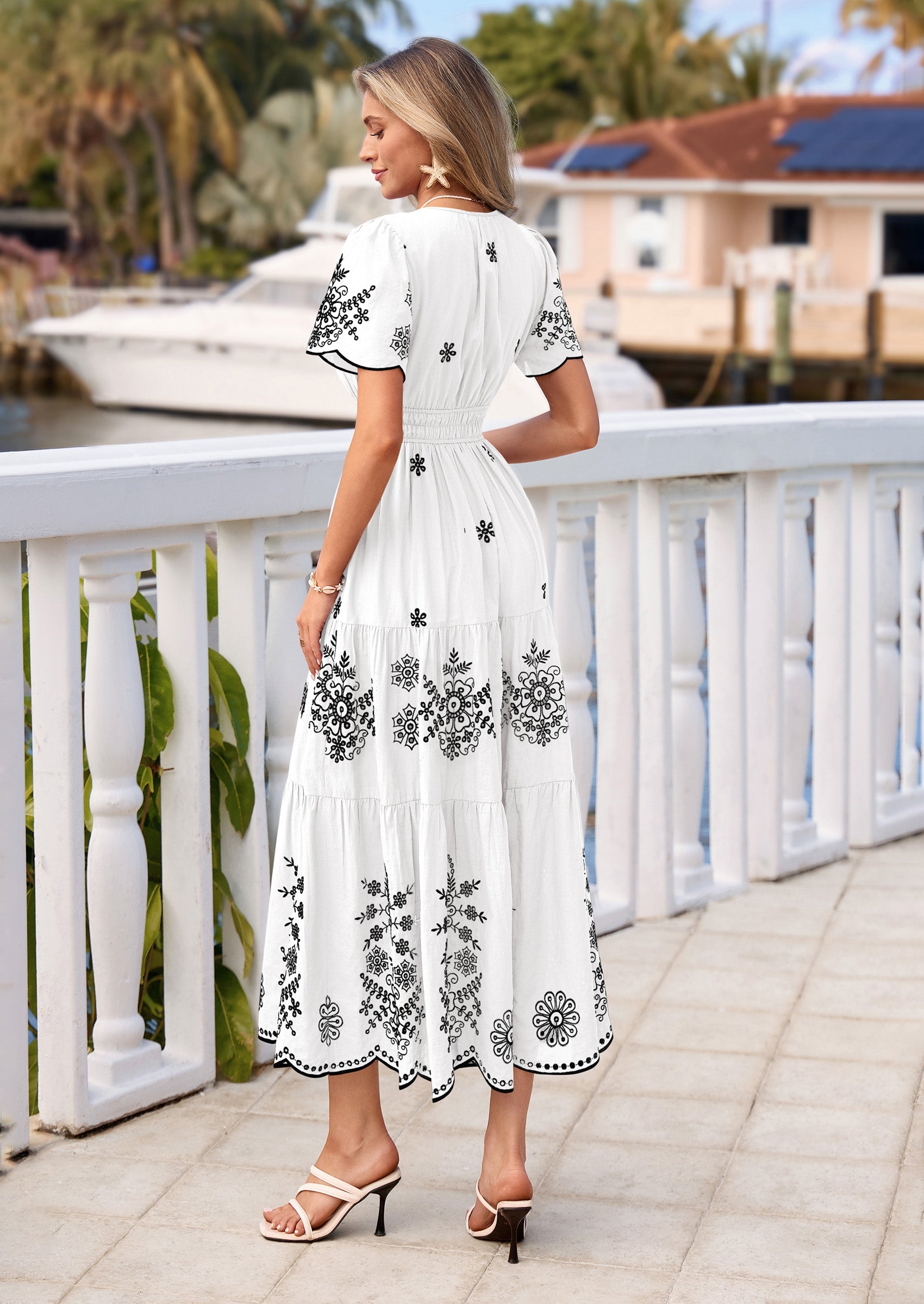PRETTYGARDEN Boho Dresses for Women Summer Spring Casual Floral Short Sleeve V Neck Maxi Elastic Waist Dress Pockets