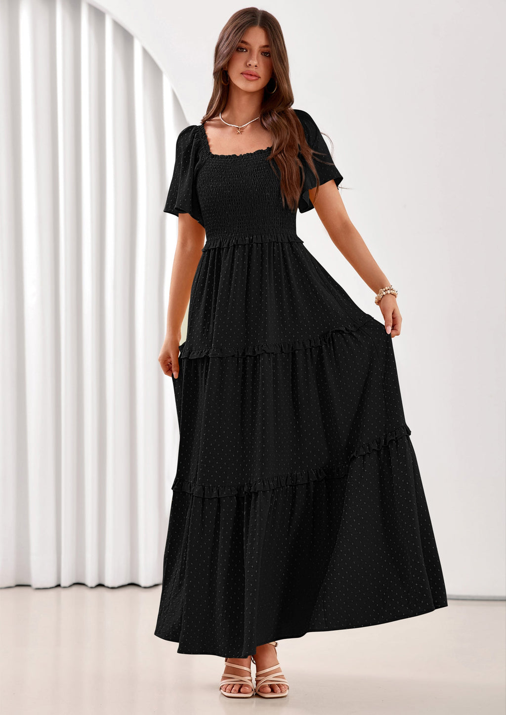 PRETTYGARDEN Summer Dresses for Women Boho Swiss Dot Smocked Square Neck Short Sleeve Spring Wedding Guest Maxi Dress