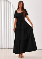 PRETTYGARDEN Summer Dresses for Women Boho Swiss Dot Smocked Square Neck Short Sleeve Spring Wedding Guest Maxi Dress