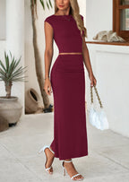 PRETTYGARDEN Summer 2 Piece Sets for Women Going Out Casual Cap Sleeve Crop Tops Ruched Maxi Long Skirts Spring Outfits