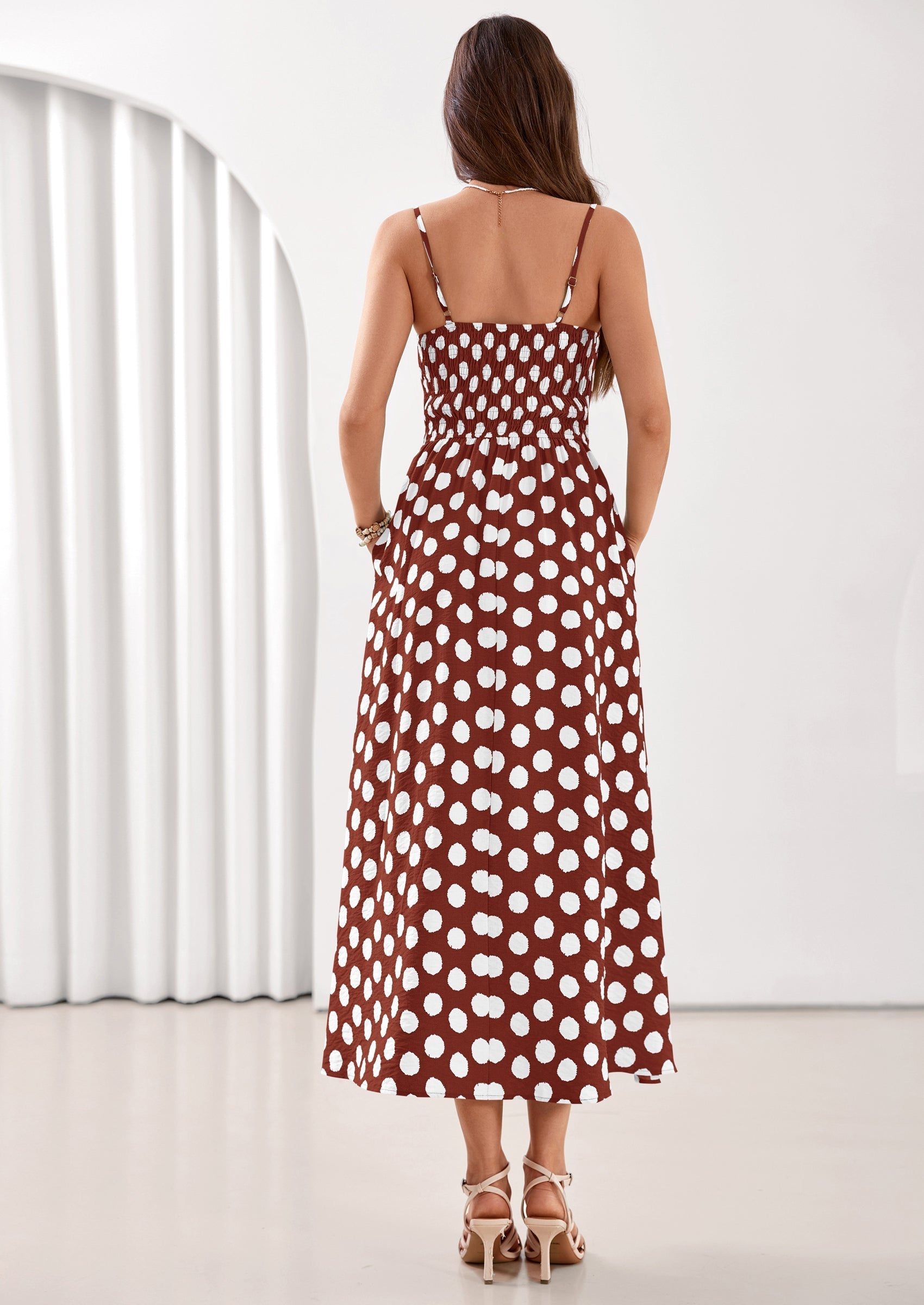 PRETTYGARDEN Womens Summer Dresses Spring Sleeveless Spaghetti Straps Casual Midi Dress Polka Dot Smocked Beach Sundress