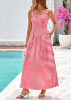 PRETTYGARDEN Women's Summer Spaghetti Strap Maxi Dresses Plaid Square Neck A Line Casual Beach Vacation Long Sundress