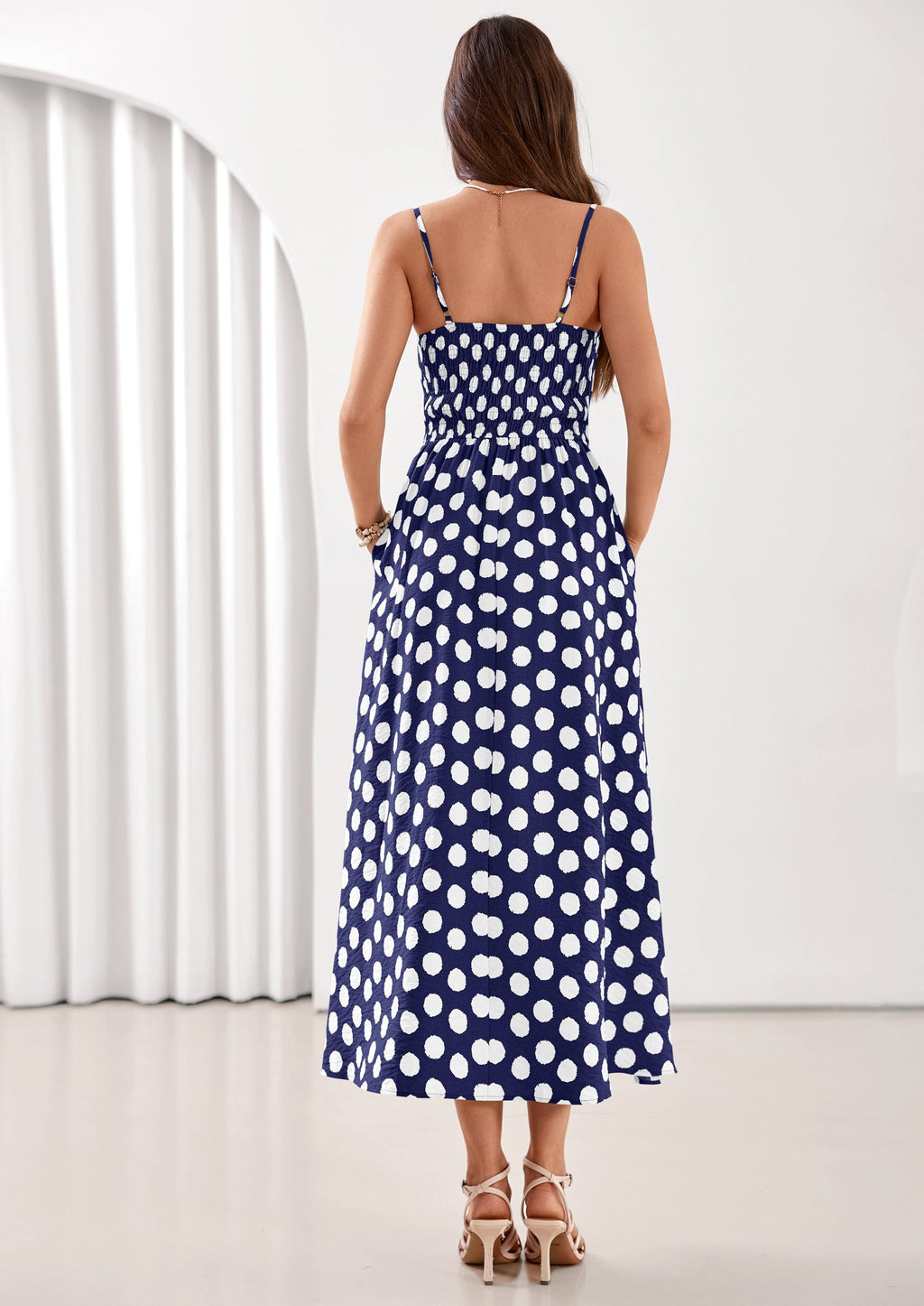 PRETTYGARDEN Womens Summer Dresses Spring Sleeveless Spaghetti Straps Casual Midi Dress Polka Dot Smocked Beach Sundress