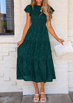 PRETTYGARDEN Midi Dress for Women Summer Floral Cap Sleeve Smocked Ruffle A Line Long Flowy Wedding Guest Dresses