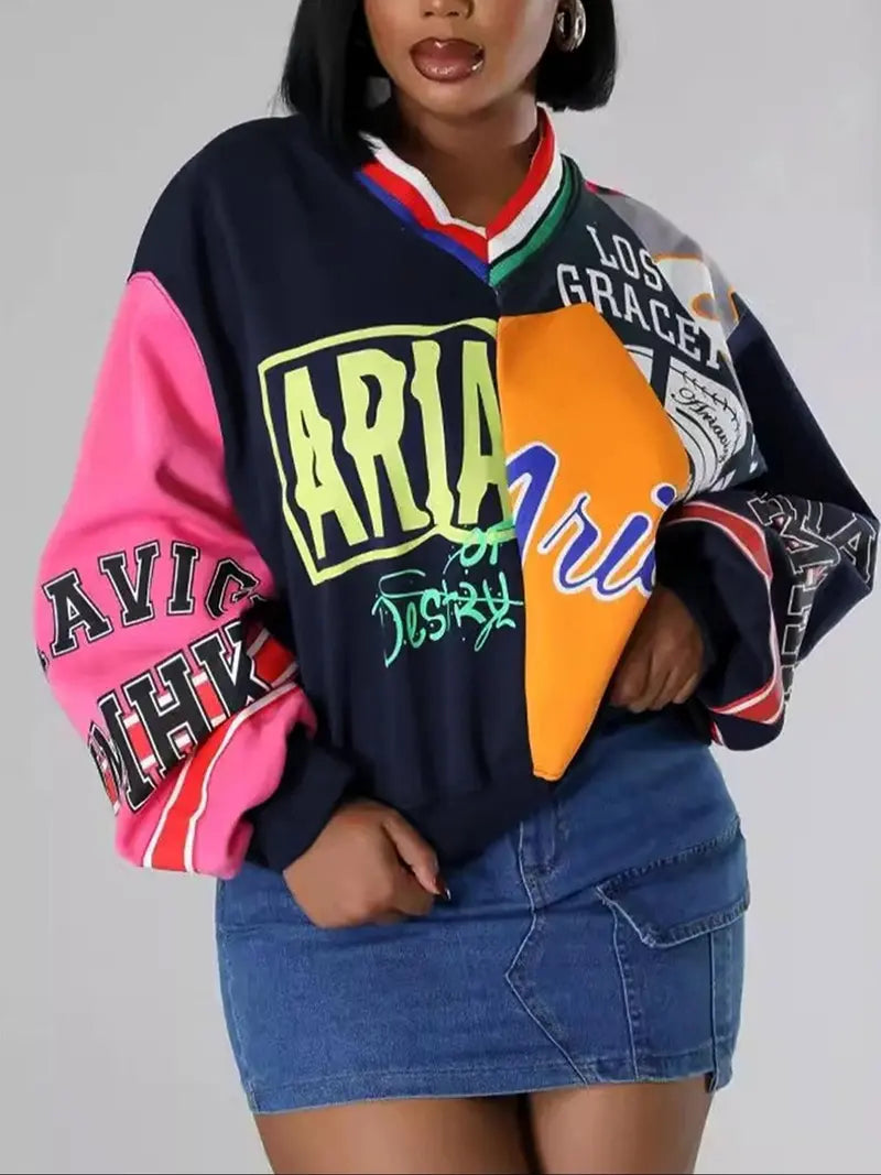 Women's Colorblock Letter Print Drop Shoulder Pullover