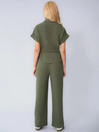 Two-Piece Set Women's Solid Versatile Minimalist Collared Top & Wide Leg Trousers