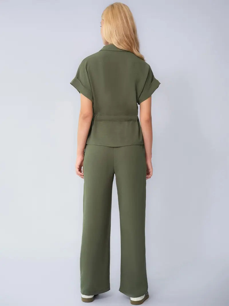 Two-Piece Set Women's Solid Versatile Minimalist Collared Top & Wide Leg Trousers