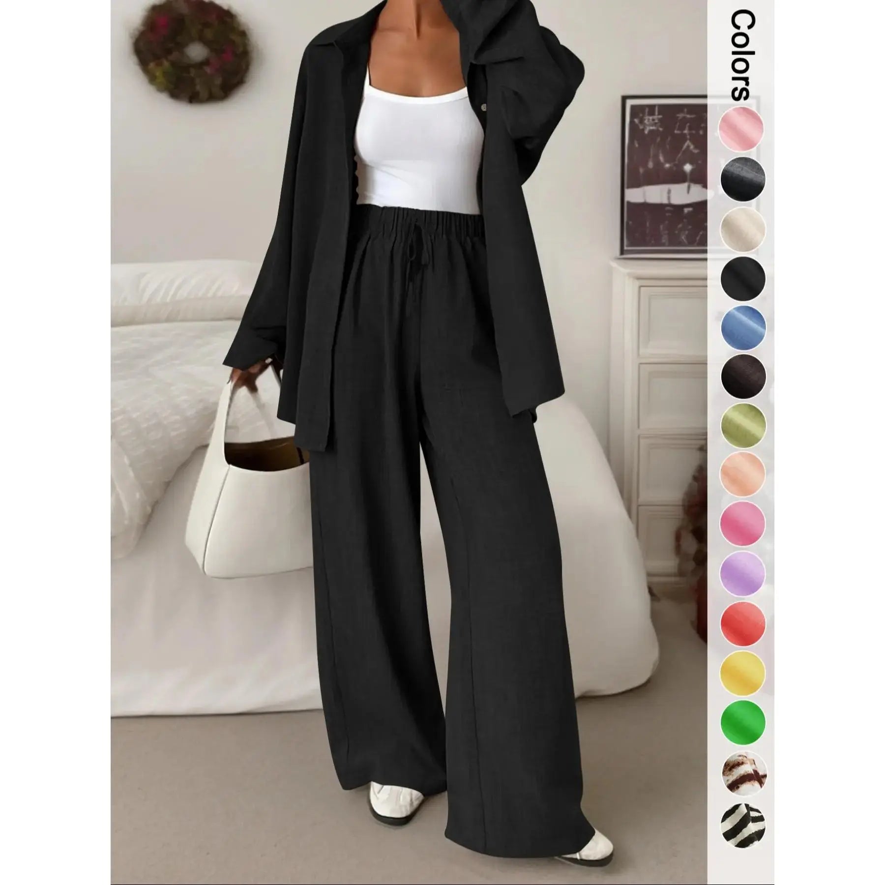 Women's Casual Sporty Shirt and Long Pants Set, Loose Button-Up Top and Wide-Leg Pants Two-Piece Set, Comfortable and Stylish