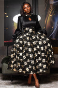 Satin Lantern Sleeve Cutout Floral Print A-Line Midi Dresses-Black [Pre Order]