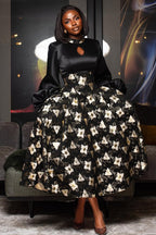 Satin Lantern Sleeve Cutout Floral Print A-Line Midi Dresses-Black [Pre Order]