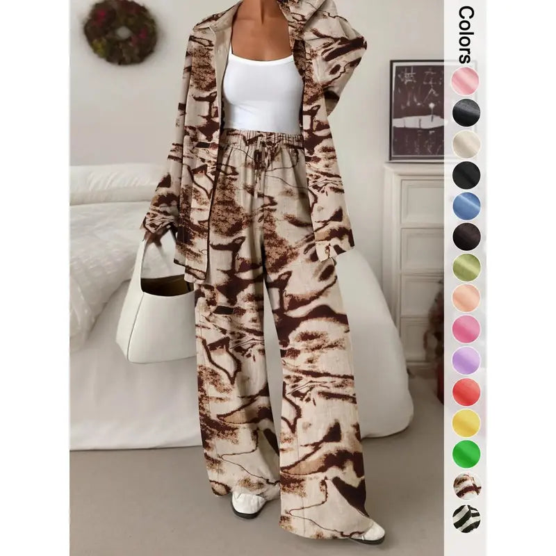 Women's Casual Sporty Shirt and Long Pants Set, Loose Button-Up Top and Wide-Leg Pants Two-Piece Set, Comfortable and Stylish