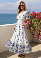PRETTYGARDEN Womens Summer Boho Maxi Dress Trendy Short Sleeve V Neck Flowy Beach Floral Dresses with Pockets