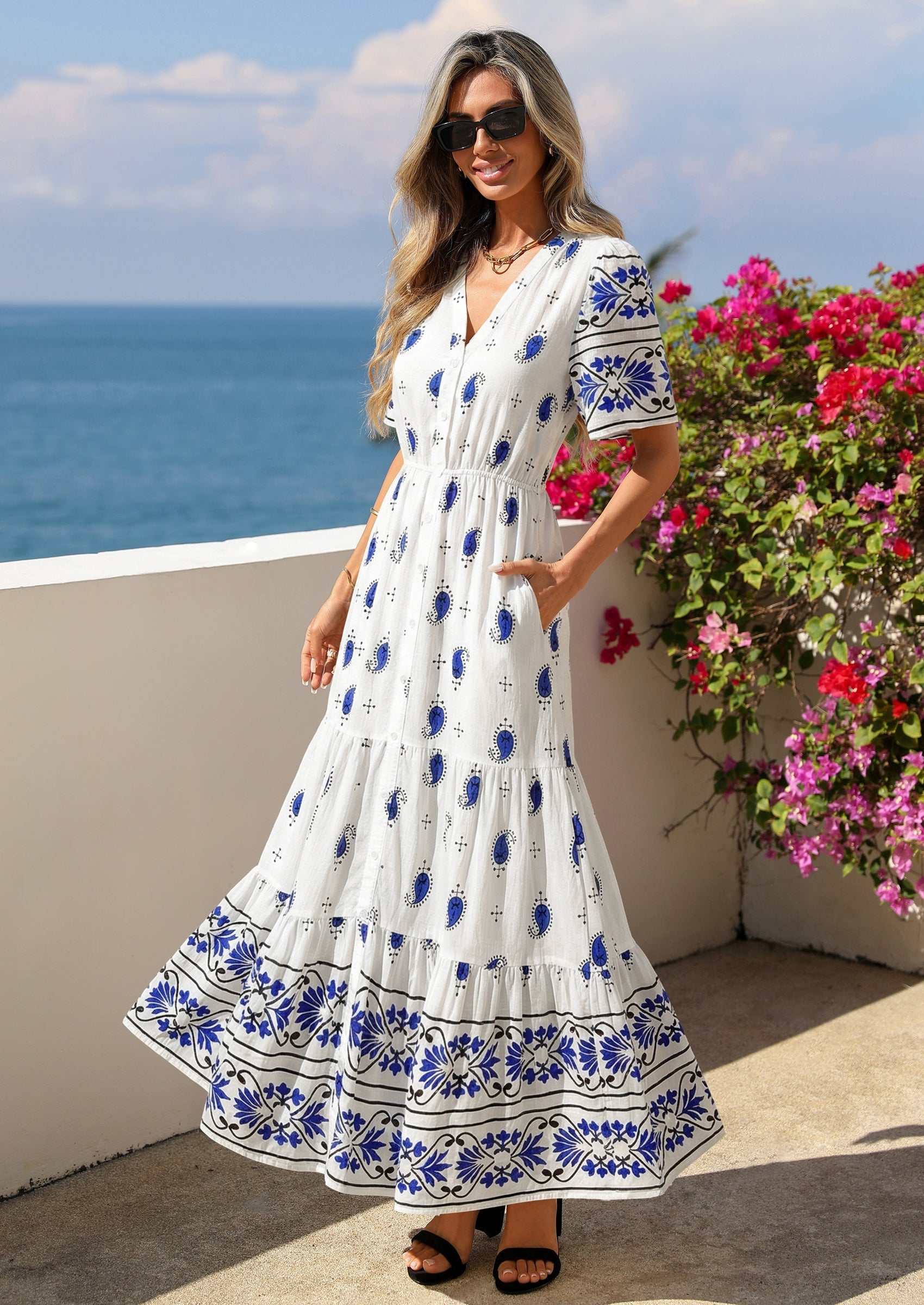PRETTYGARDEN Womens Summer Boho Maxi Dress Trendy Short Sleeve V Neck Flowy Beach Floral Dresses with Pockets