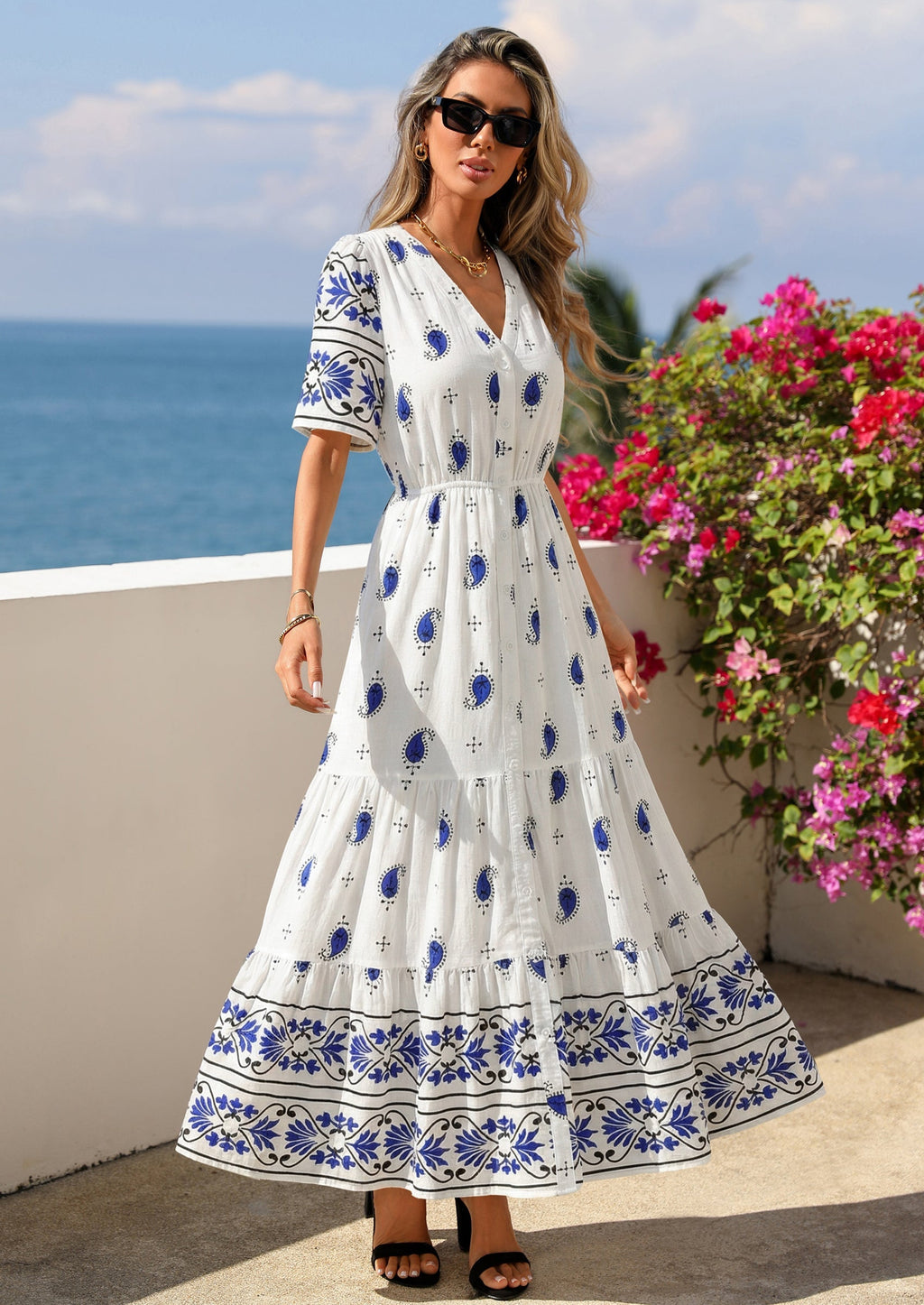 PRETTYGARDEN Womens Summer Boho Maxi Dress Trendy Short Sleeve V Neck Flowy Beach Floral Dresses with Pockets