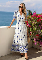 PRETTYGARDEN Womens Summer Boho Maxi Dress Trendy Short Sleeve V Neck Flowy Beach Floral Dresses with Pockets