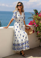 PRETTYGARDEN Womens Summer Boho Maxi Dress Trendy Short Sleeve V Neck Flowy Beach Floral Dresses with Pockets
