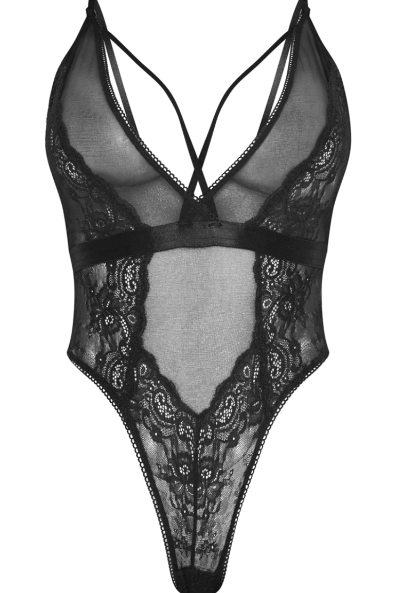 Strappy Plunge Detail High Leg Lace Bodysuit in Black