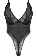 Strappy Plunge Detail High Leg Lace Bodysuit in Black