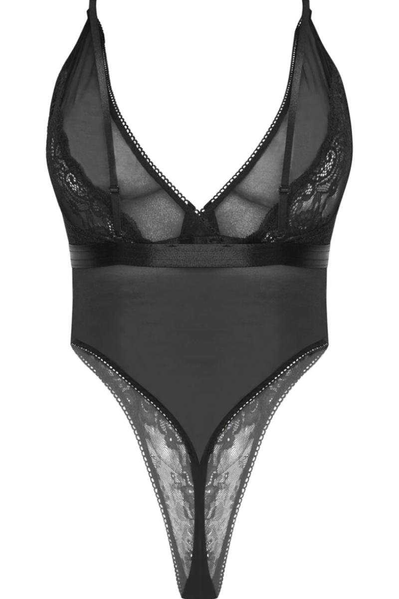 Strappy Plunge Detail High Leg Lace Bodysuit in Black