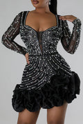 Hot Drilling Beads Decor Long Sleeve Ruffled Patchwork Mini Dresses-Pink