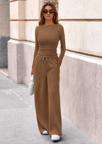 PRETTYGARDEN Women's 2 Piece Lounge Sets Fall Fashion Long Sleeve Crop Top Wide Leg Pants Matching Sets Clothing