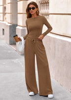 PRETTYGARDEN Women's 2 Piece Lounge Sets Fall Fashion Long Sleeve Crop Top Wide Leg Pants Matching Sets Clothing