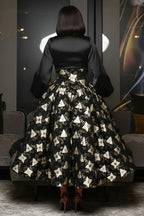 Satin Lantern Sleeve Cutout Floral Print A-Line Midi Dresses-Black [Pre Order]