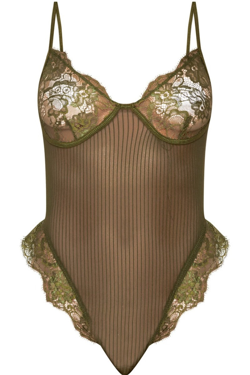 Lace Frill Mesh Bodysuit in Khaki