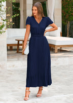 PRETTYGARDEN Women's Maxi Dresses Summer Trendy Cap Short Sleeve Button V Neck Casual Flowy Pleated Long Dress
